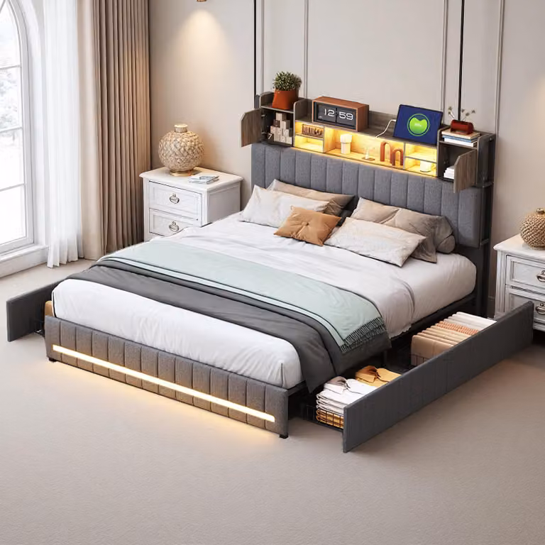 Letto imbottito - Letto matrimoniale - 160 x 200 cm - 4 cassetti - Testiera con spazio contenitivo - Struttura a listelli - Tessuto di lino - Grigio