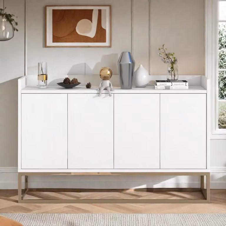 Mobile basso con 4 ante, colore bianco, dimensioni 120x30x80 cm, dotato di ripiano regolabile e gambe in metallo dorato