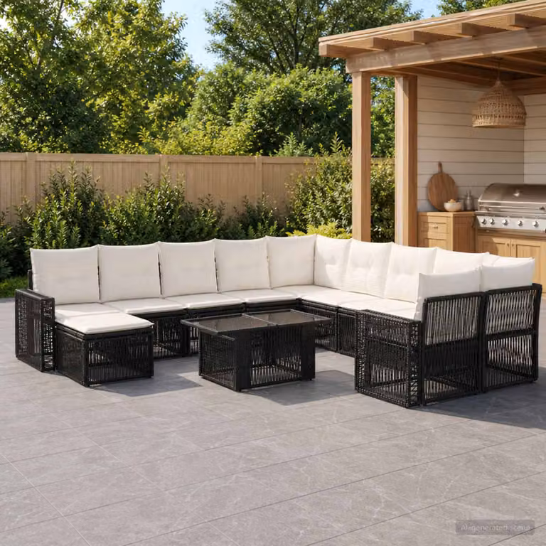 Set Divano da Giardino vidaXL a forma a U in Polyrattan con Cuscini, Nero, Bianco e Beige