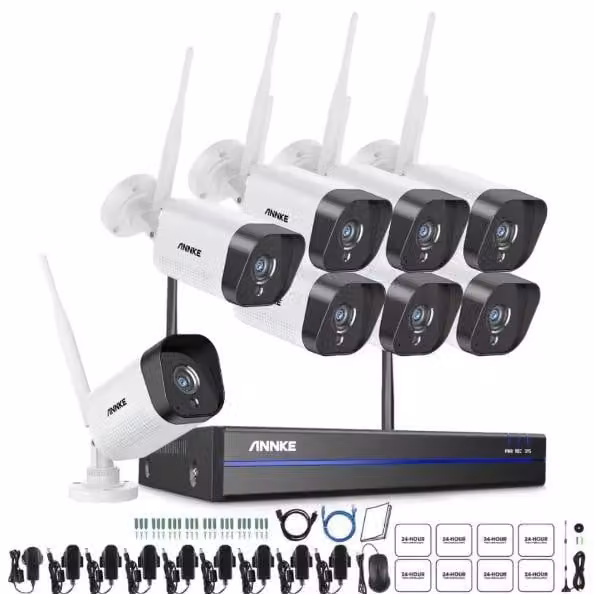 Sistema di telecamere di sicurezza WiFi, telecamera IP da 3 MP, NVR da 5 MP, visione notturna fino a 30 metri, 8 telecamere integrate, HDD non incluso