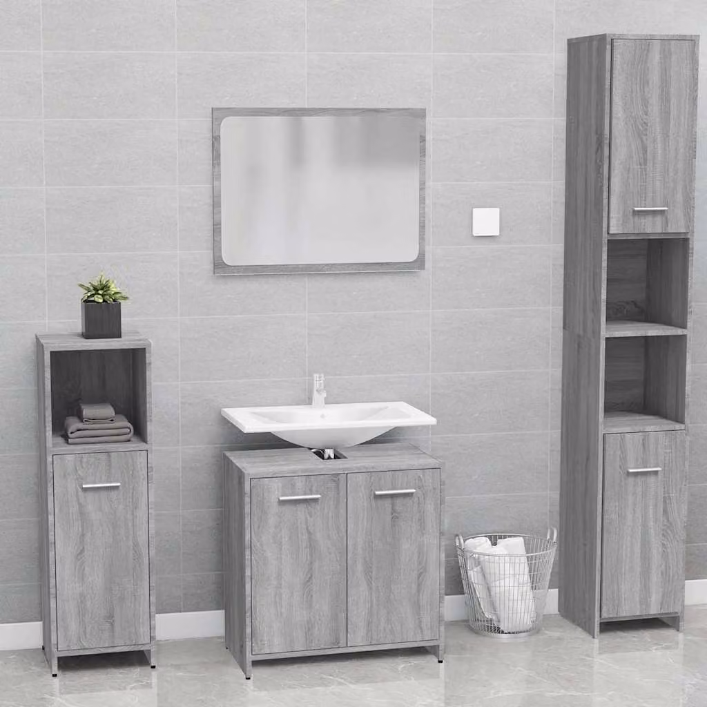 Set di mobili da bagno moderni vidaXL in legno multistrato grigio con armadietto a muro e mobile lavabo con specchio