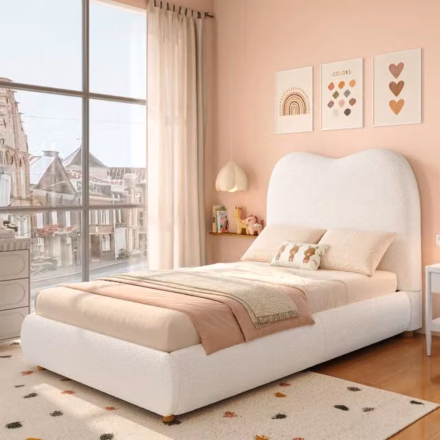Letto contenitore imbottito Mivray con rete a doghe e testiera in bouclé beige L 150 x P 98 x H 101 cm, H 215 cm