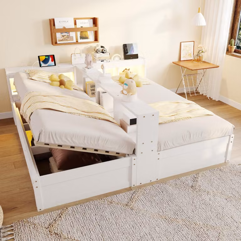 Divano letto MODFU 90 × 200 con letto singolo 90 × 200, letto matrimoniale con 1 materasso, lettino per bambini con meccanismo idraulico, testiera con luci a LED e presa di corrente, letto con doppio vano contenitore, bianco