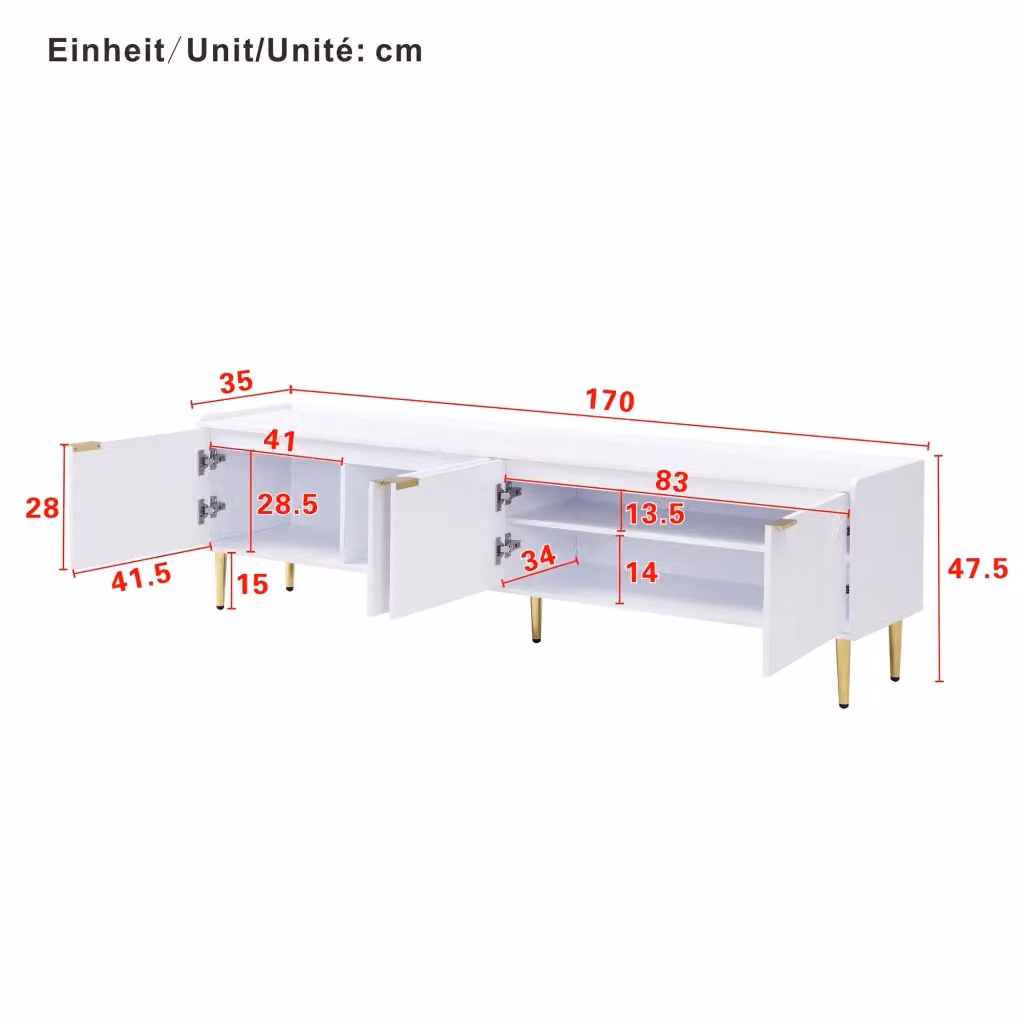 Mobile TV moderno REDOM in MDF bianco con dettagli dorati L 170 cm x P 35 cm x H 47,5 cm – 2