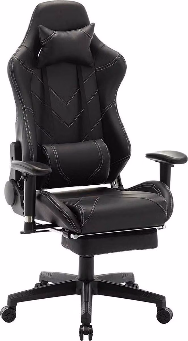 Sedia da gioco Happyment Luxe - Sedia ergonomica da gioco e da ufficio con poggiapiedi - Regolabile in altezza - Nero - Pelle finta