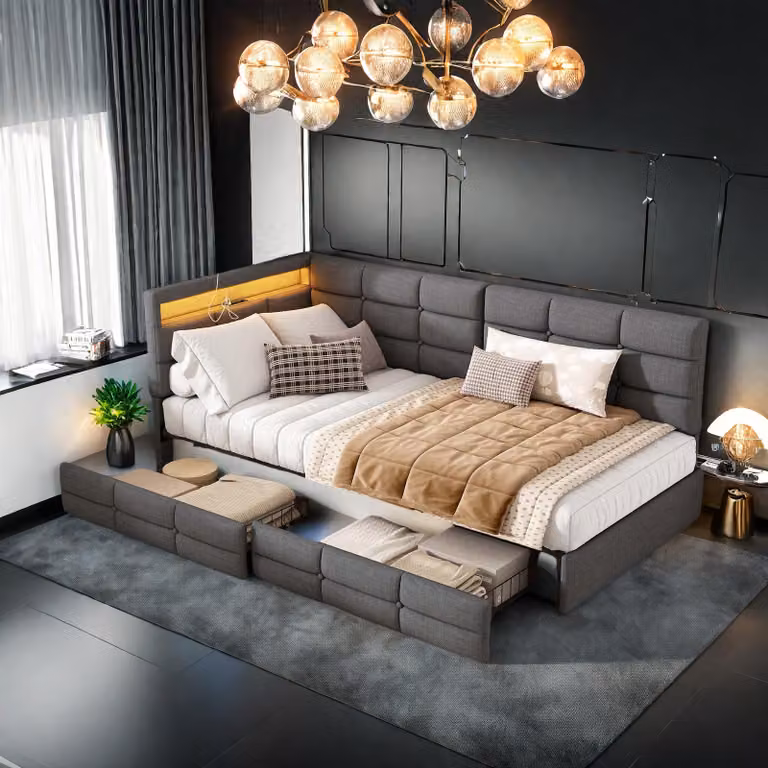 Letto 90x200 cm in tessuto grigio con testiera a L, LED integrati, porte di ricarica e cassetto portaoggetti per i piedi