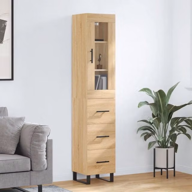 Credenza Buffet Design Mania con ante in vetro e finitura marrone per cucina e sala da pranzo L/P/H: 34,5 x 34 x 180 cm – 1