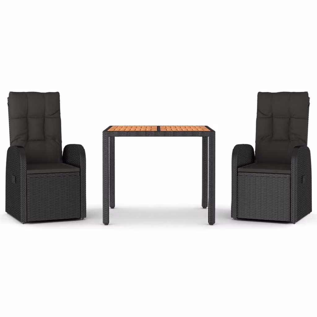 Set da Pranzo da Giardino 3 pz con Cuscini Nero in Polyrattan