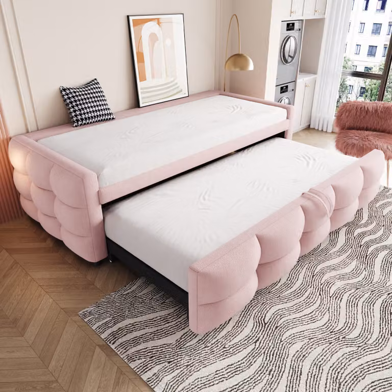 Abrihome Divano letto imbottito 90/180x190cm con letto estraibile, letto matrimoniale con rete a doghe, rosa