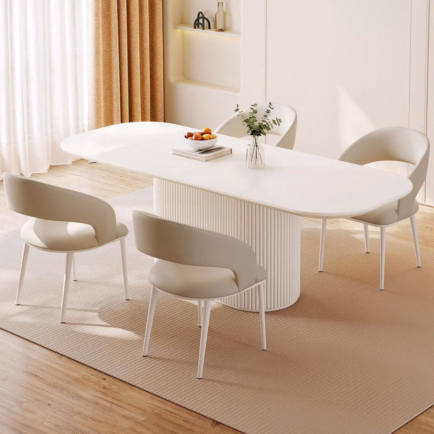 Tavolo da pranzo bianco con 4 sedie, diametro 220 cm, forma rotonda, facile da pulire