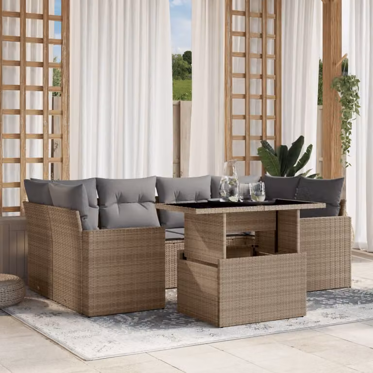 Set di divani da giardino vidaXL 7 pezzi in polyrattan beige con cuscini e tavolino da esterno a forma di L