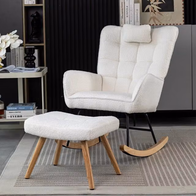 Poltrona Dondolo Relax Minimal Bianca in Tessuto Boucle con Poggiapiedi e Struttura in Legno Massello, 92 x 65 cm