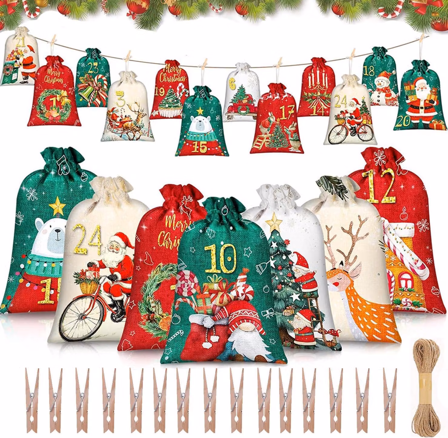 Calendario dell'Avvento da riempire - Sacchetti per calendario dell'Avvento - 24 sacchetti per calendario di Natale - 24 sacchetti in juta per il conto alla rovescia - Sacchetti in tessuto - Sacchetti per regali