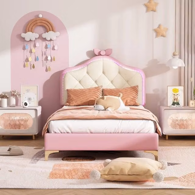 Letto singolo imbottito Minimal in similpelle rosa con illuminazione LED sottostante, dimensioni 90x200 cm – 1