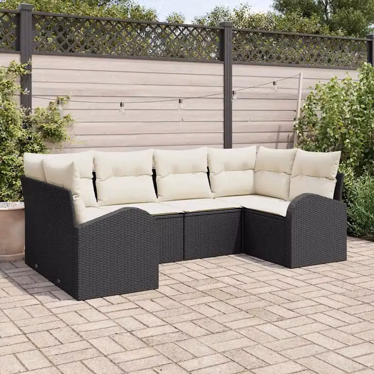 Set Divano da Giardino vidaXL 6 Pezzi a Forma di L in Polyrattan con Cuscini Nero e Bianco