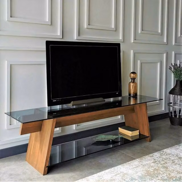 Mobile porta TV DMORA Amorosi, Credenza da soggiorno moderna in legno e vetro, L: 158 cm, P: 40 cm, H: 45 cm, Noce e Nero – 1