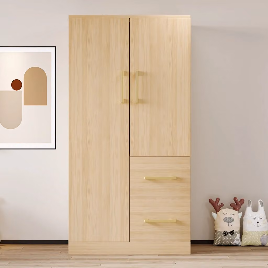 Armadio WISHDOR per cameretta con ante a battente, cassetti integrati e appendiabiti, colore legno naturale, L: 70 cm, P: 40 cm, H: 135 cm – 2