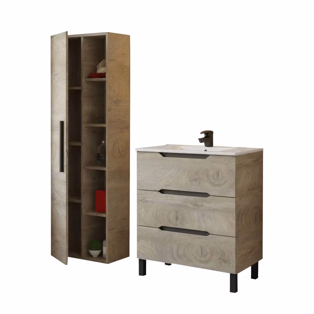 Set Mobili Bagno DMORA Laterza con Mobile Lavabo e Colonna, Rovere Marrone, Moderno – 2