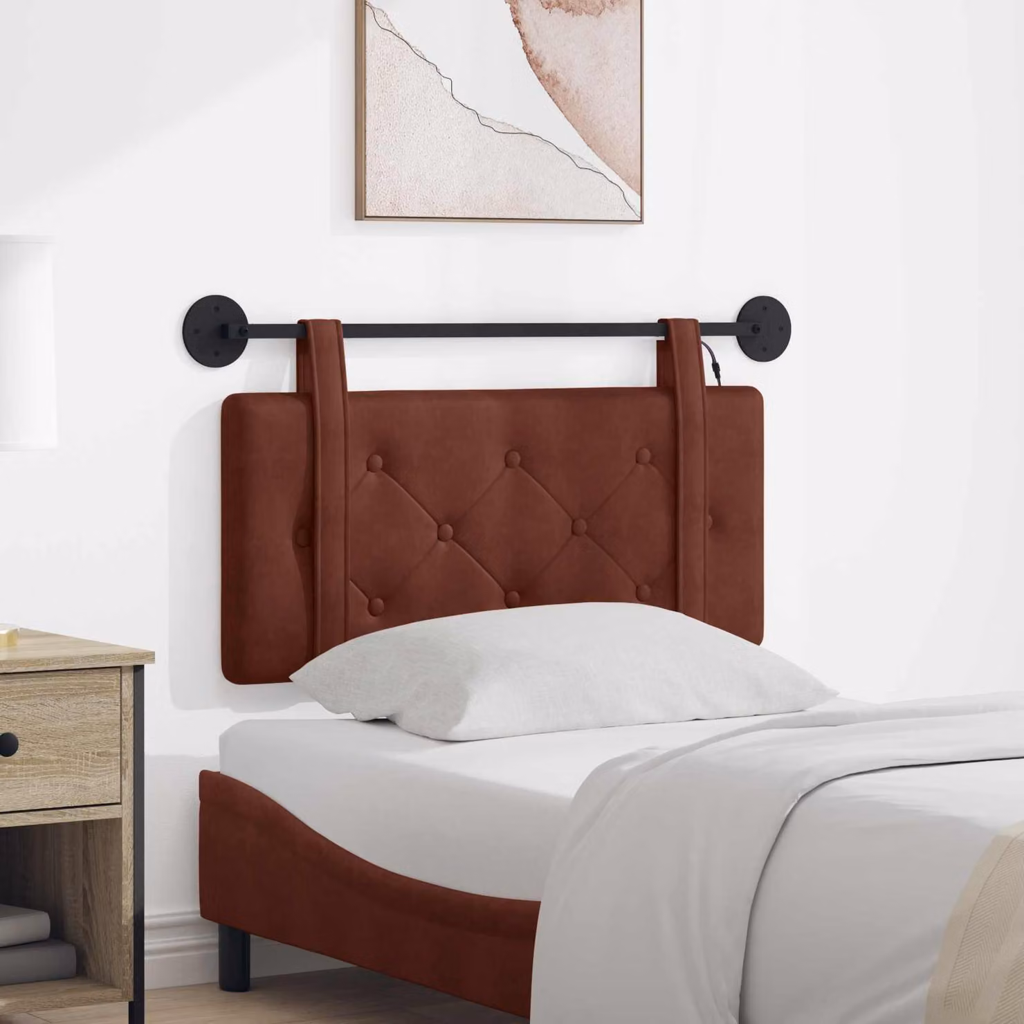 Testiera da letto sospesa vidaXL in ecopelle marrone con illuminazione integrata e pannello imbottito, L: 100 cm, H: 55 cm, P: 5 cm