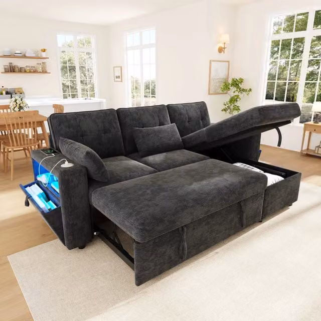 Divano angolare convertibile 3 posti 213x131x83 cm; chaise longue reversibile; LED; USB/Type-C; vani nei braccioli; 2 cuscini; ciniglia; grigio