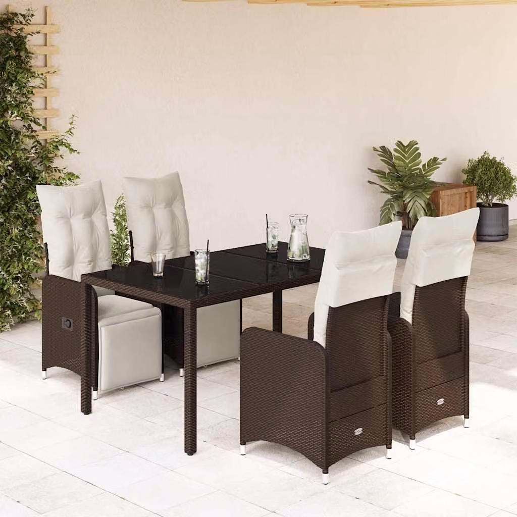 Set Bistrò da Giardino e Balcone vidaXL in Polyrattan e Metallo con Piano in Vetro, 5 Pezzi, Marrone e Bianco – 1