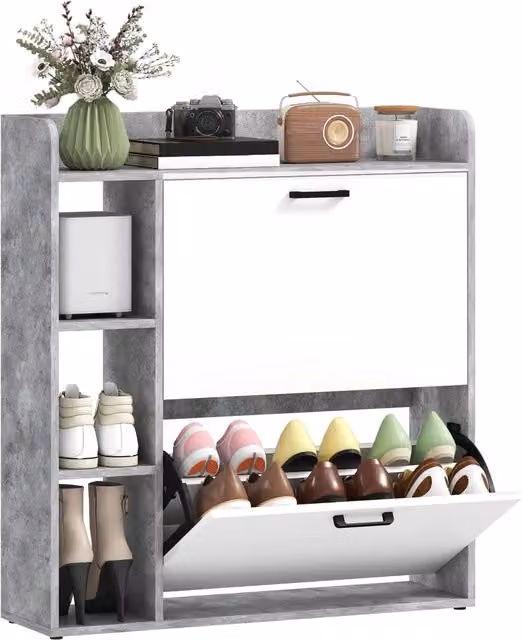 Scarpiera Minimal Grigia con Cassetti e Vani Aperti L: 83 cm, P: 24 cm, H: 90.5 cm