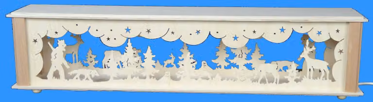 Alzata per terrari con decorazioni a tema boschivo, animali selvatici e illuminazione. Dimensioni: 52x10x10 cm. Nuova