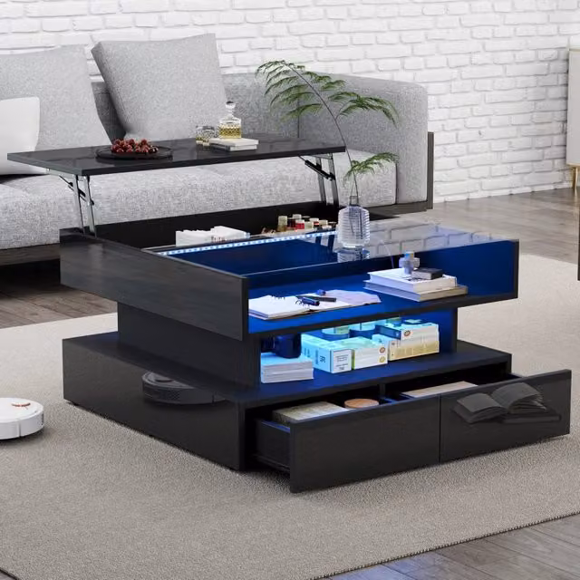 Tavolino basso sollevabile OKWISH per soggiorno in legno e vetro nero, L/P/H: 80 x 80 x 45 cm