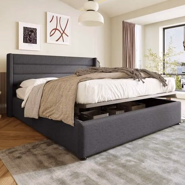 Letto matrimoniale 160x200 - Xylo - Grigio lino con contenitore e piattaforma