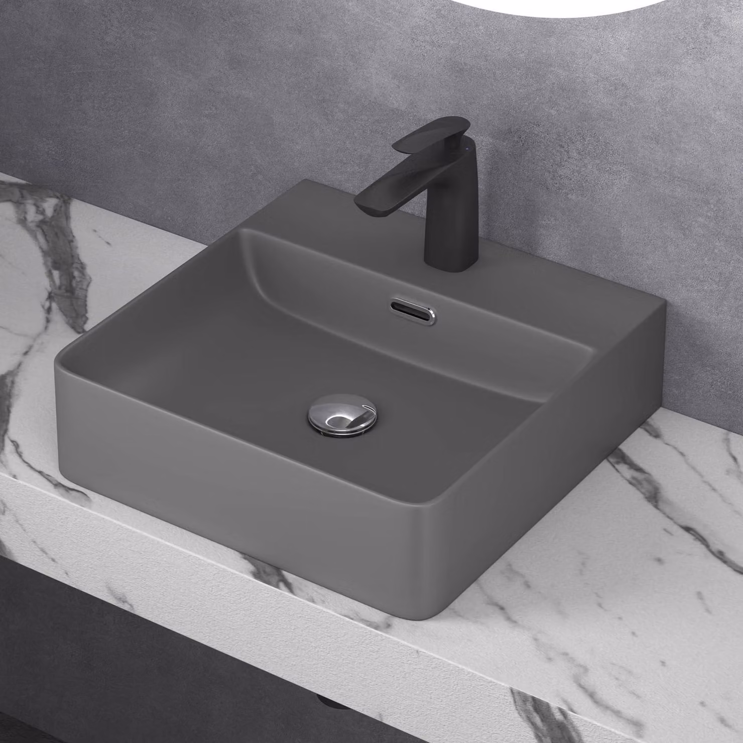 doporro Lavabo da Appoggio Lavandino Sospeso Bagno Rettangolare 42 cm in Vetroceramica Antracite Opaco con Foro per Rubinetto e Troppopieno - Meissen201