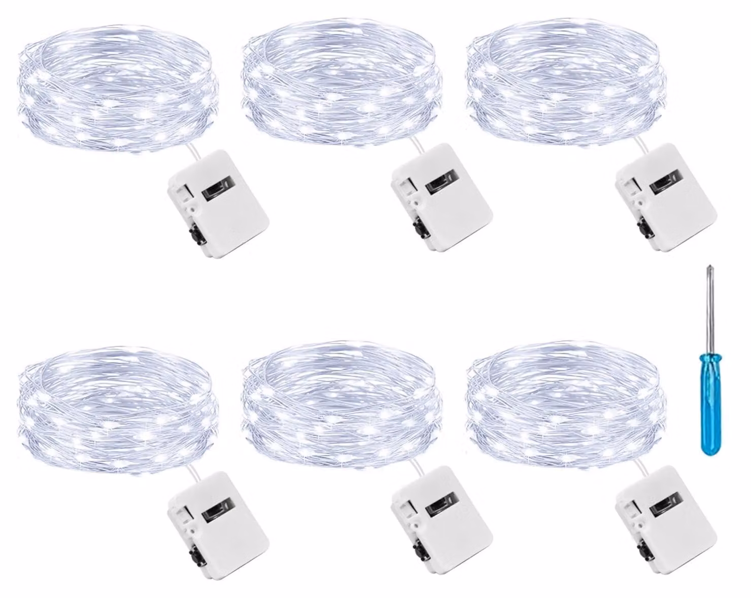 Catena luminosa a LED, confezione da 6, lunghezza 2 metri, 20 LED, luce bianca fredda, alimentazione a batteria