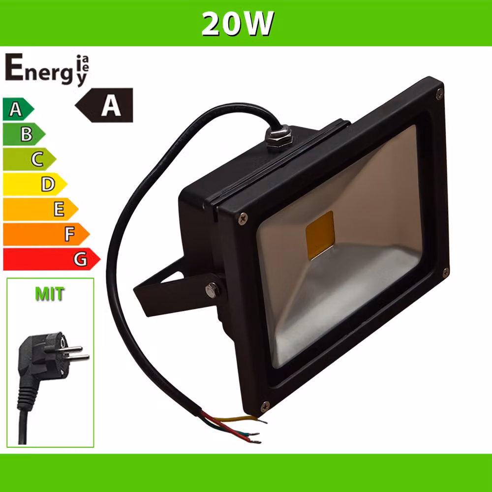 LEDVero® Lampada da esterno a LED, 20 Watt, proiettore, faretto da cantiere con spina - Nero - bianco freddo