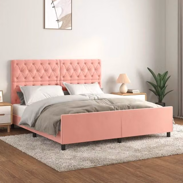 Letto con testiera in velluto rosa vidaXL L/P/H: 160 x 200 x 128 cm – 1