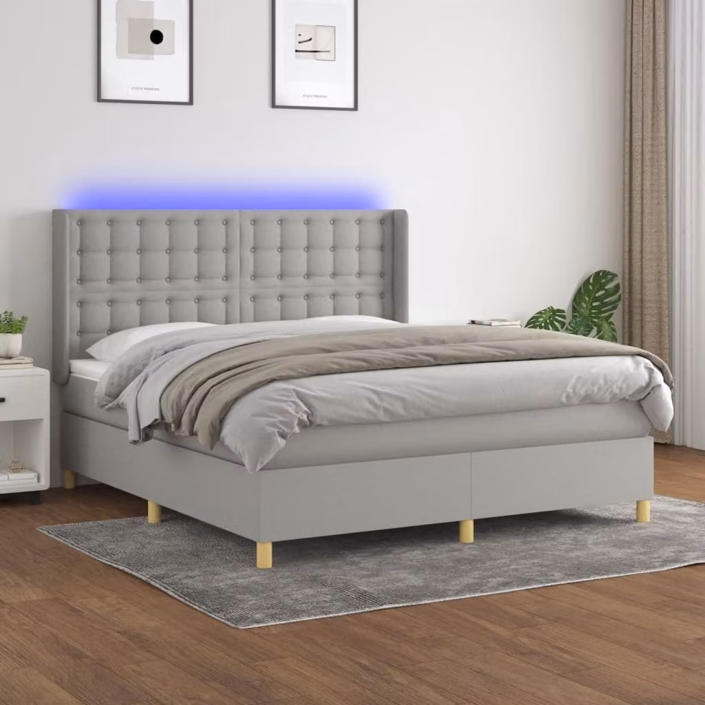 The Living Store Letto a molle con materasso e LED in tessuto grigio chiaro 160x200 cm