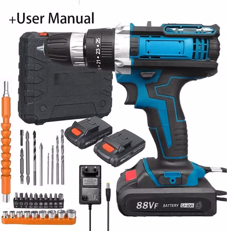 Trapano avvitatore a batteria - Trapano avvitatore a batteria 21V - Coppia di serraggio di 28 Nm - 25+3 livelli di coppia - Funzione a percussione - Spina europea - Senza batteria - Colore blu