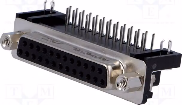 1x Connettore D-Sub femmina, 25 pin, angolo a 90°, per montaggio a foro passante (THT), 5A, modello L77SDB25S1ACH4F, connettore D-Sub