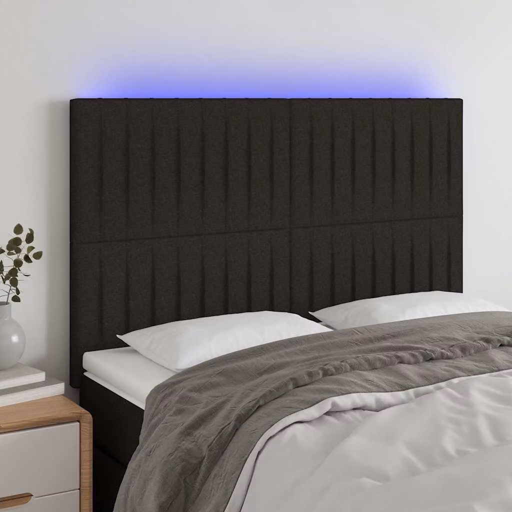 Testiera per letto vidaXL in tessuto nero con illuminazione LED integrata e porta di ricarica USB, L: 144 cm, P: 5 cm, H: 118-128 cm