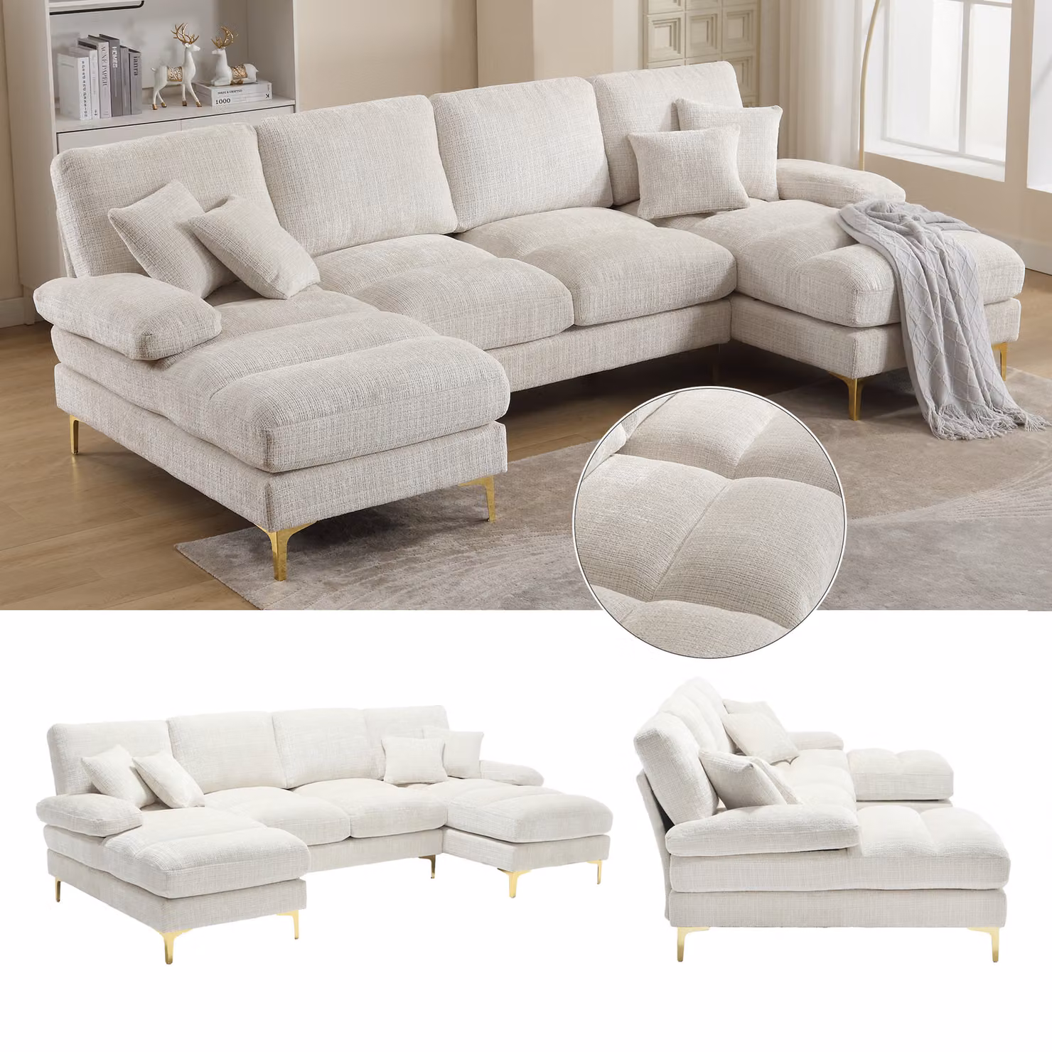 LVHOM Divano angolare a U, set di divani con gambe in metallo dorato, divano da salotto set di divani angolari, 4 posti, 272x88x136 cm, beige