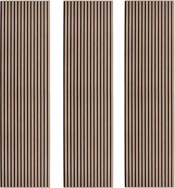 Set di 3 Pannelli Fonoassorbenti 3D con Doghe in Legno Colore Noce Chiaro, Montaggio a Parete, L: 60 cm, H: 240 cm