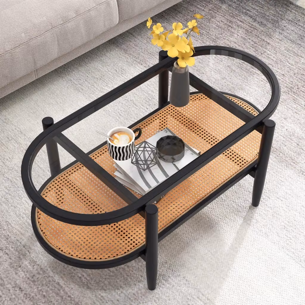 Tavolino da caffè a 2 piani con cornice in legno di acacia, struttura in rattan PE e piano in vetro nero e naturale – 2