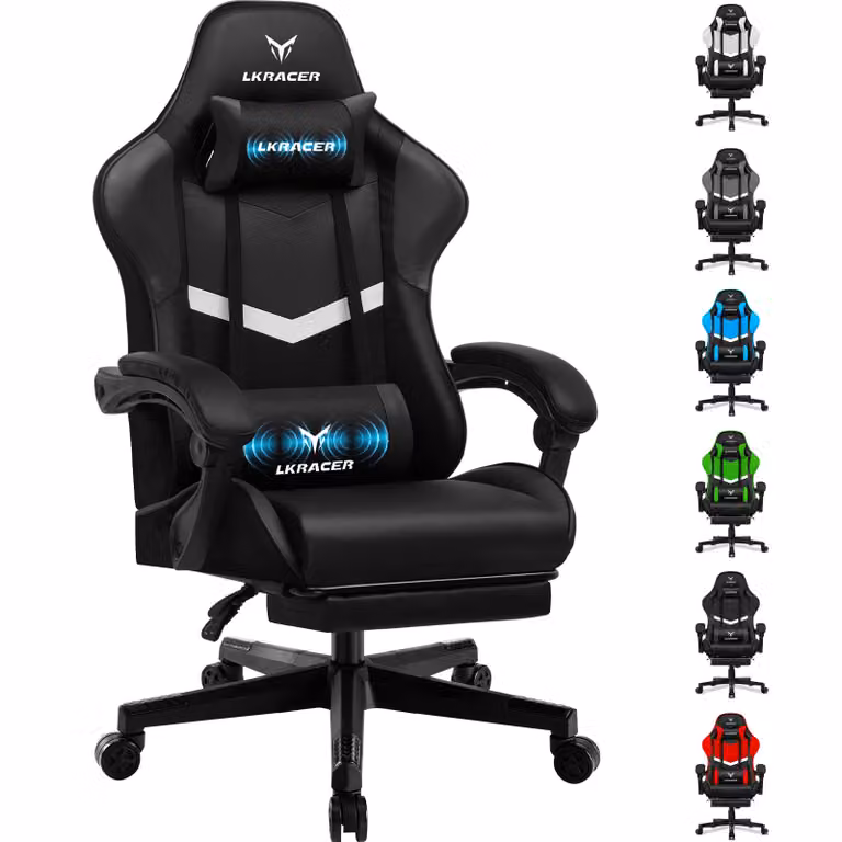 LUCKRACER sedia da gioco sedia da ufficio ergonomica con cuscino lombare cuscino poggiatesta, sedia da gioco regolabile in altezza capacità di carico 150 kg, poggiapiedi nero