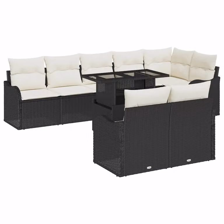 Set Divano da Giardino Moderno vidaXL a Forma a U, 9 Pezzi con Cuscini e Tavolino, Nero e Bianco