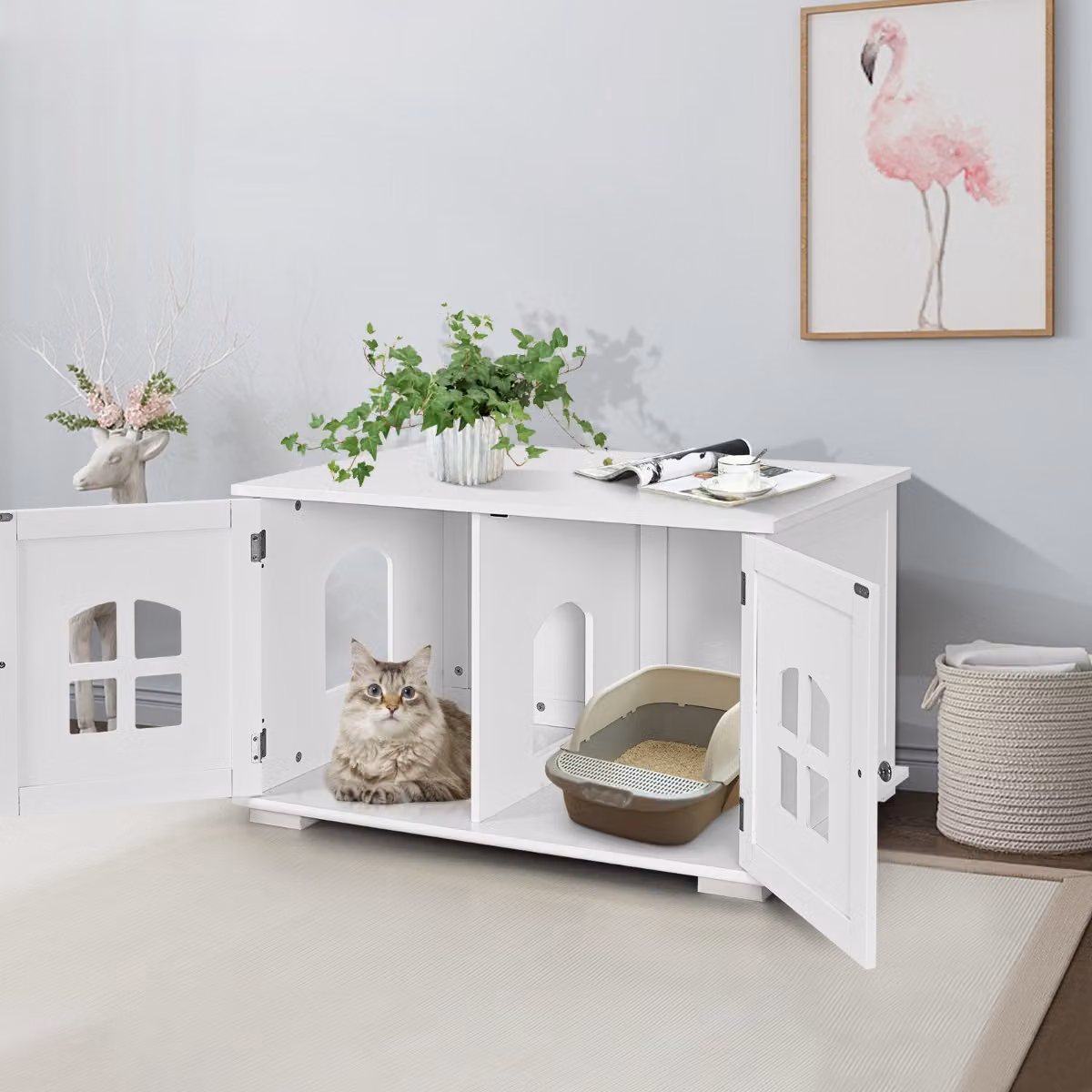 Casetta ventilata per gatti Costway con doppie porte e finestre, lettiera con ingresso laterale in MDF bianco
