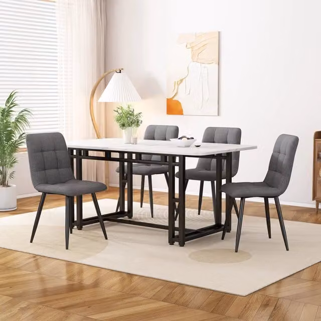 Set Tavolo da Pranzo con 4 Sedie ¨C Xylo ¨C Piano Nero, Gambe in Metallo, Sedute Grigio Lino, 120x70 cm
