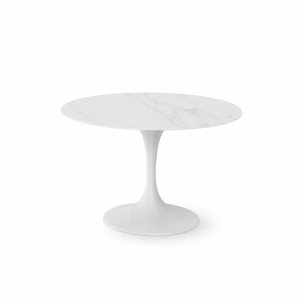 Tavolo da pranzo fisso Circe Duzzle in ceramica bianca effetto marmo lucido, design moderno quadrato con base a colonna centrale, L/P: 120 x 120 cm, H: 76 cm – 2