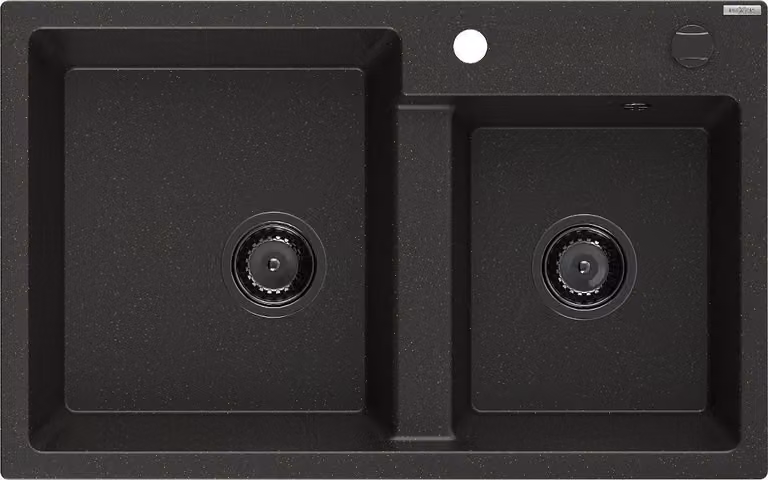 Mexen Tomas lavello in granito a 2 vasche 800 x 500 mm, nero/oro metallizzato, sifone nero - 6516802000-75-B