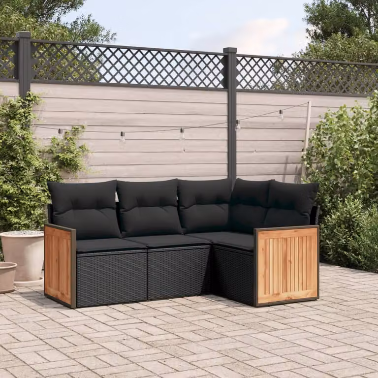 Set di divani da giardino vidaXL in polyrattan nero con cuscini, design moderno a forma di L per esterno