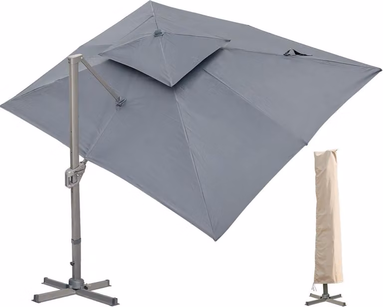 Ombrellone 300x400 cm rettangolare con supporto e manovella, grande ombrellone a sbalzo grigio