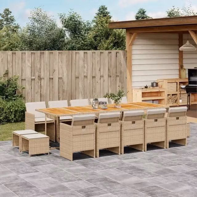 Set da pranzo da giardino vidaXL in legno di acacia con cuscini beige e finitura oliata, 15 pezzi