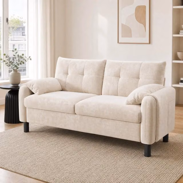 Divano 2 posti in ciniglia beige con tasche laterali e 2 cuscini HOMVRA